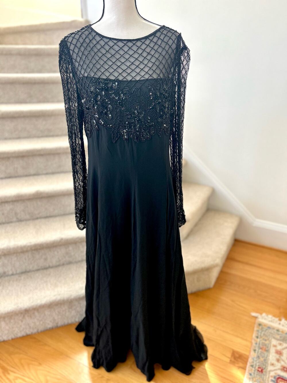 Vintage Jovani Black Silk Beaded Floral Illusion Full Length Maxi Gown
